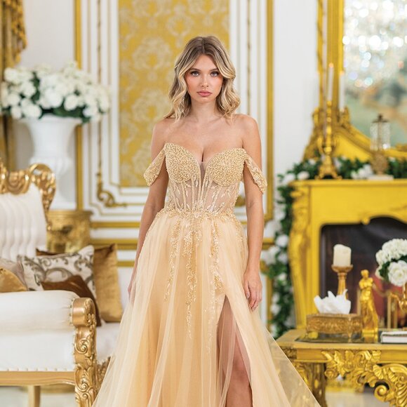 New Off Shoulder Long Semi-Ball Gown w/ Sheer Beads Embellished Bodice DQ 4490 - Picture 3 of 8